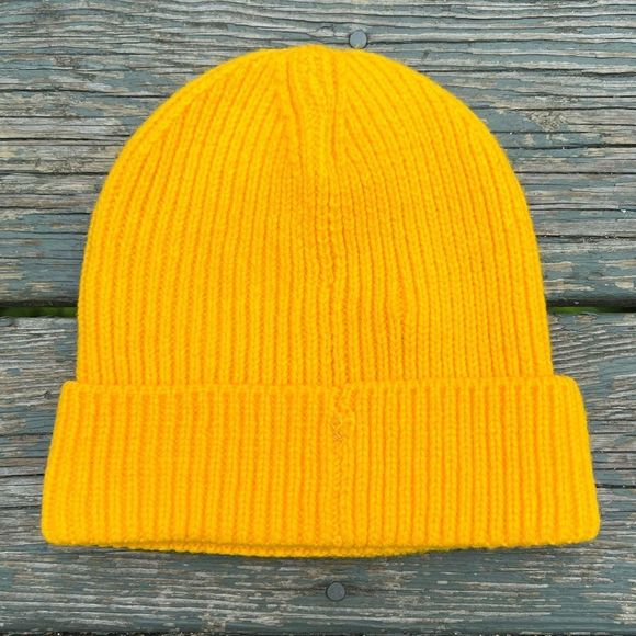 RARE The North Face Box Logo Cuff Beanie Hat Knit Winter Cap One Size Yellow - Picture 2 of 3